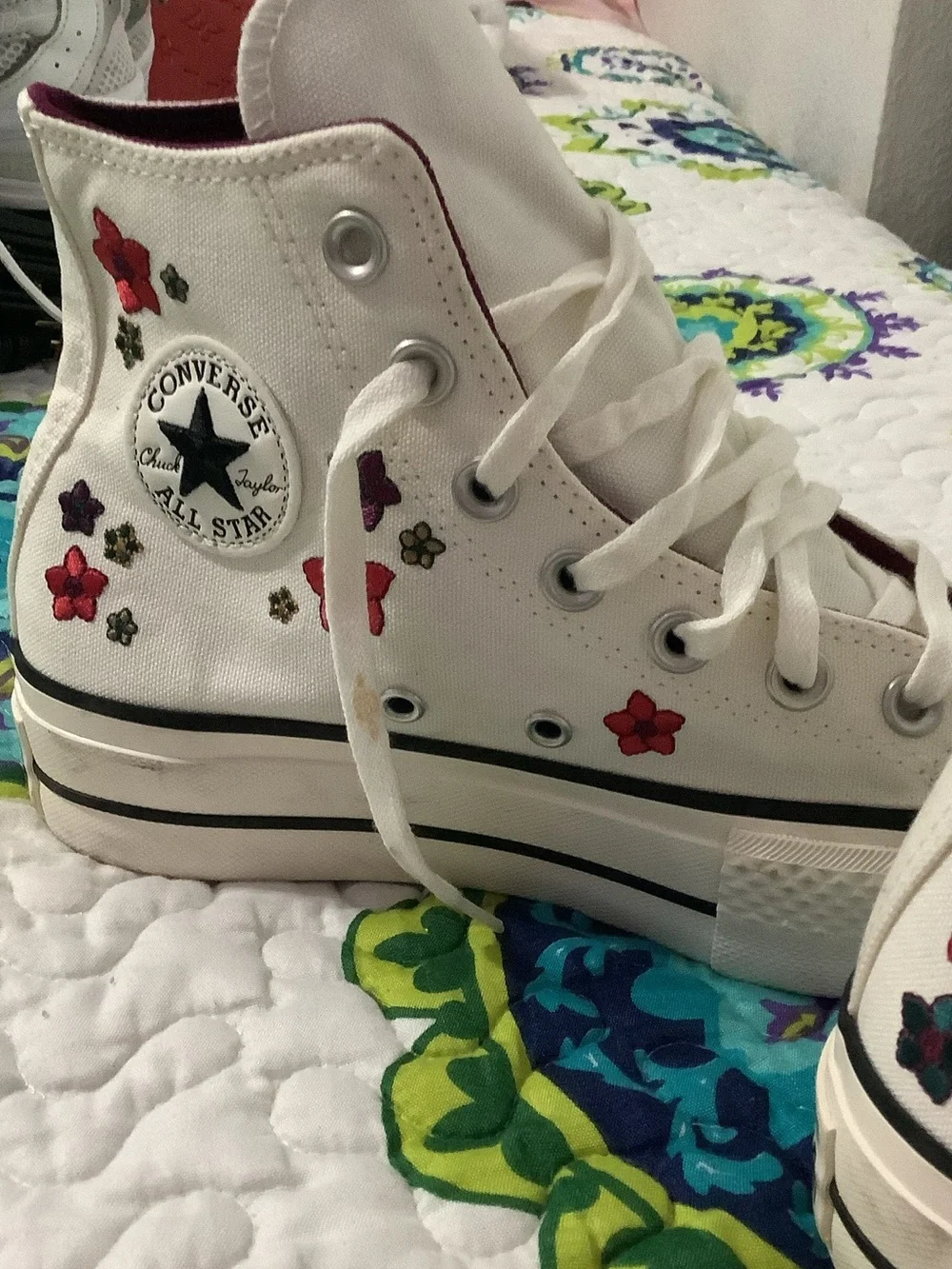 High-Top Floral Platform Canvas Sneakers - White with Red & Purple Flowers